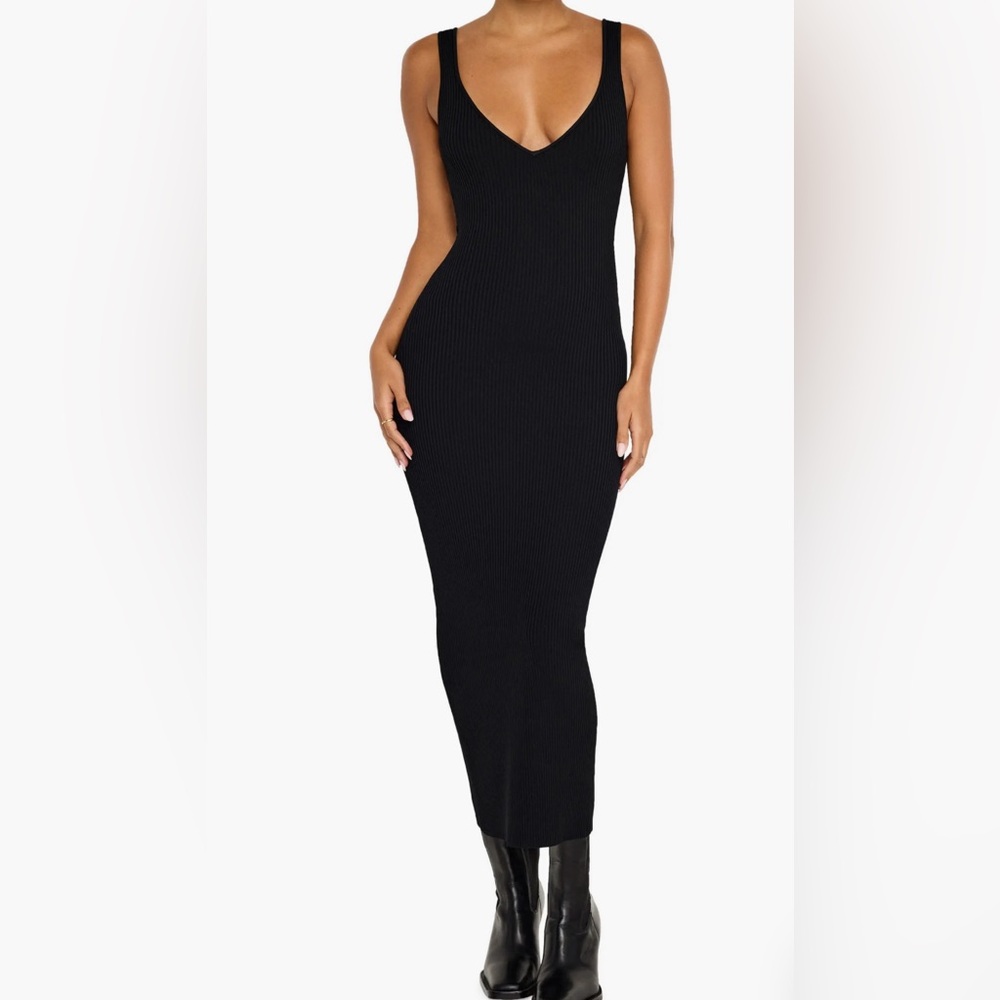 Good American Black Ribbed Scoop neck maxi fitted Dress Small